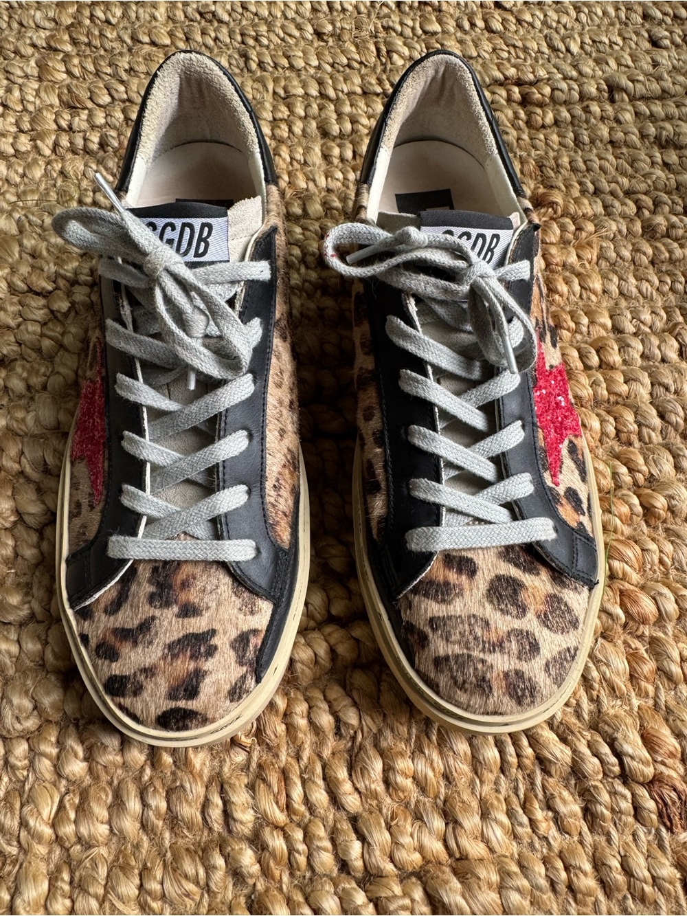 Golden Goose Hi Star Leopard Pony Hair Sneakers Red Glitter Star EU 38